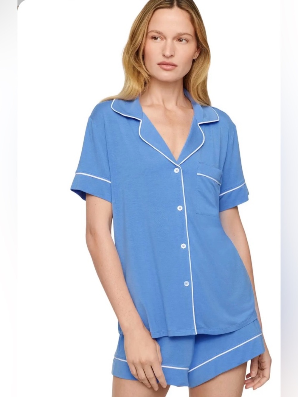 Eberjey Blue Short Sleeve Button Pajama TOP only with White Piping